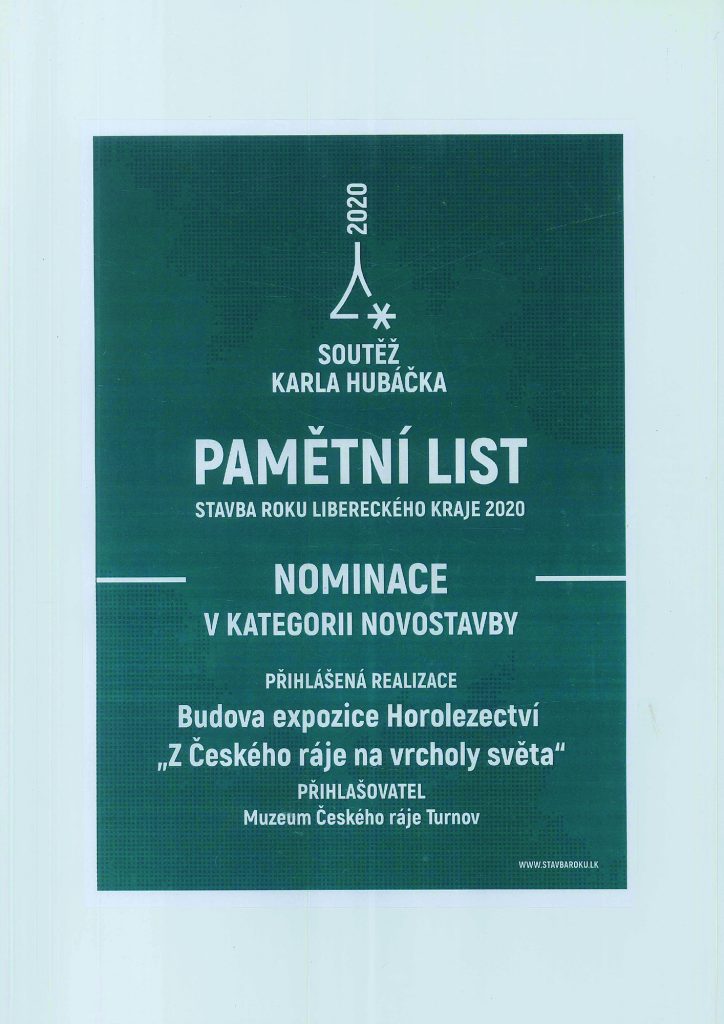 Pamětní list Soutěže Karla Hubáčka – Stavba roku Libereckého kraje udělený Expozici Horolezetcví