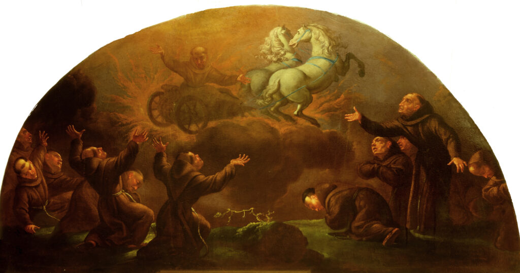 Nebeská jízda sv. Františka 
V roce 1211 se bratřím přebývajícím v chatrči v Rivotorto u Assisi zjevil sv. František, jedoucí po nebi v ohnivém voze. Jejich užaslé tváře a vzrušená gesta dala malíři příležitost rozehrát živou scénu, jež na sebe strhává více pozornosti než světec s dvojspřežím běloušů.