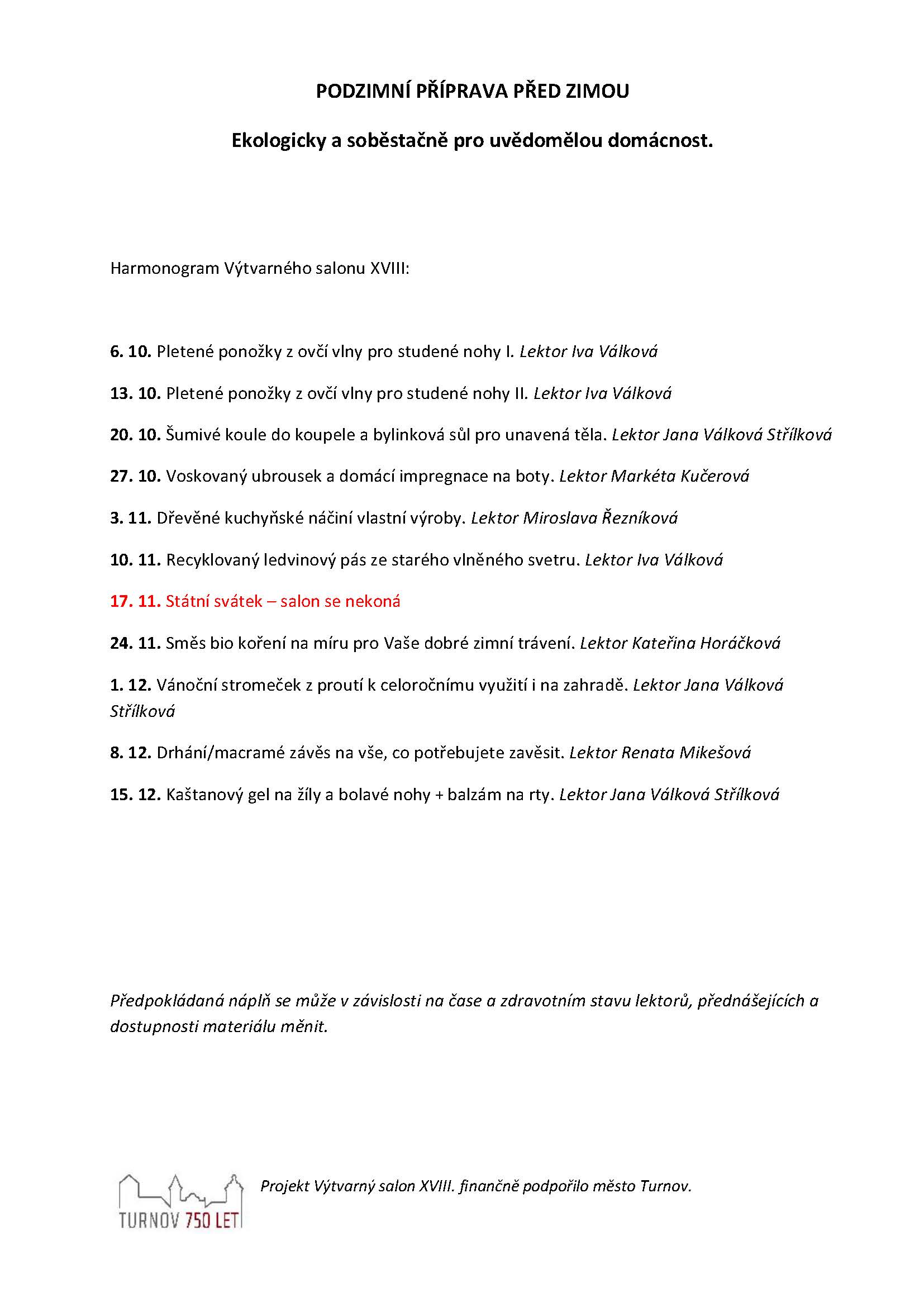 Výtvarný salon XVIII. Harmonogram