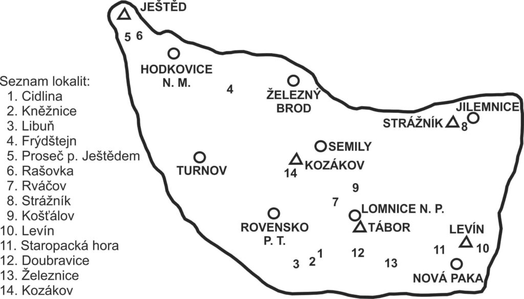 Schématická mapa vybraných nalezišť drahých kamenů v Podkrkonoší.