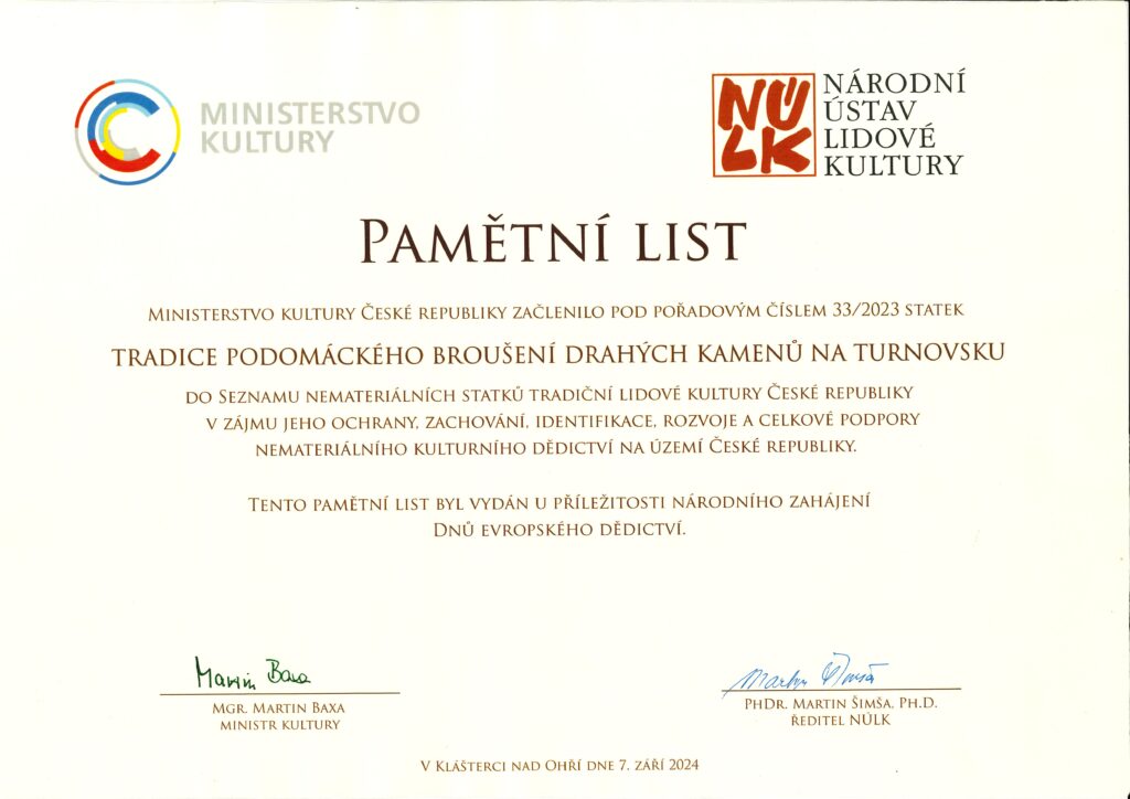 Pamětní list: Tradiční podomácké zpracování drahých kamenů na Turnovsku