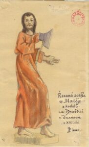 Jan Prousek (1857–1914) kreslil sochu sv. Matěje ještě na původním místě na oltáři kostela na Hruštici, tedy s odstupem. Z toho plynou drob- né nepřesnosti viditelné při srovnání s originálem.